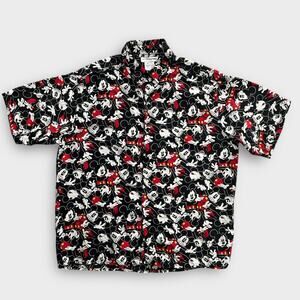 Vintage Disney Mickey Mouse Silk Button Up Shirt Mens Large Black All-Over Print